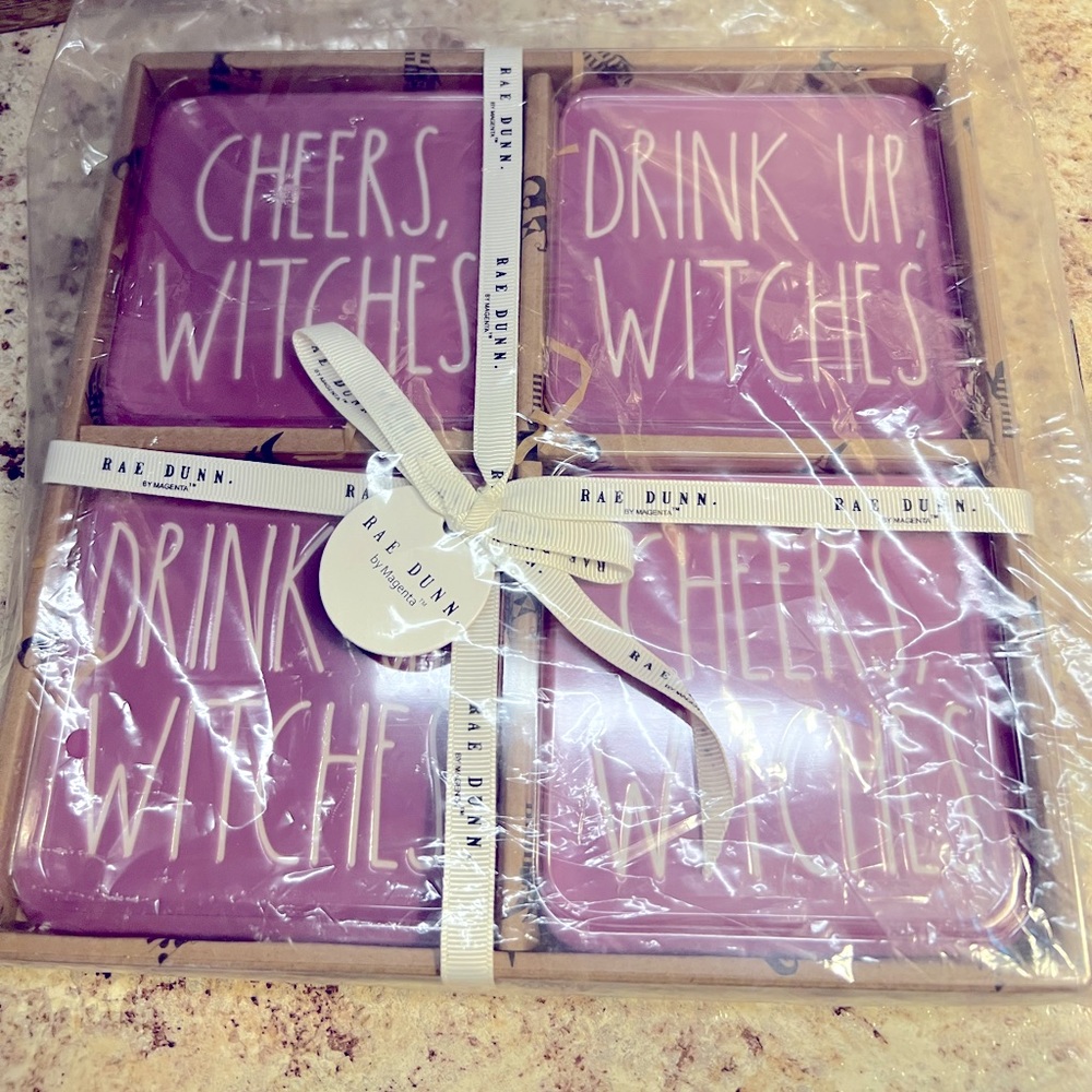 RAE DUNN CHEERS WITCHES & DRINK UP WITCHES Purple Ceramic Coasters NWT